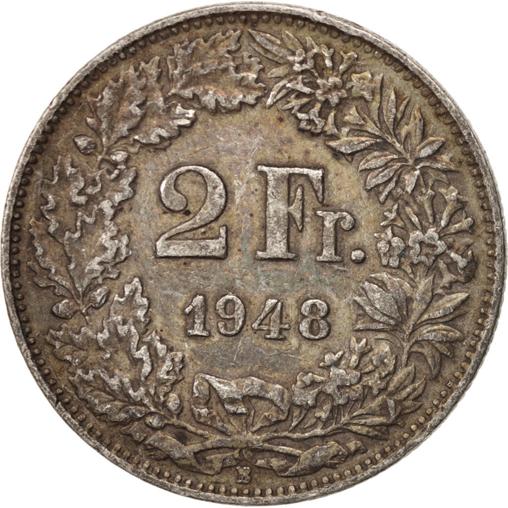 Switzerland, 2 Francs, 1948, Bern, VF(30-35), Silver, KM:21