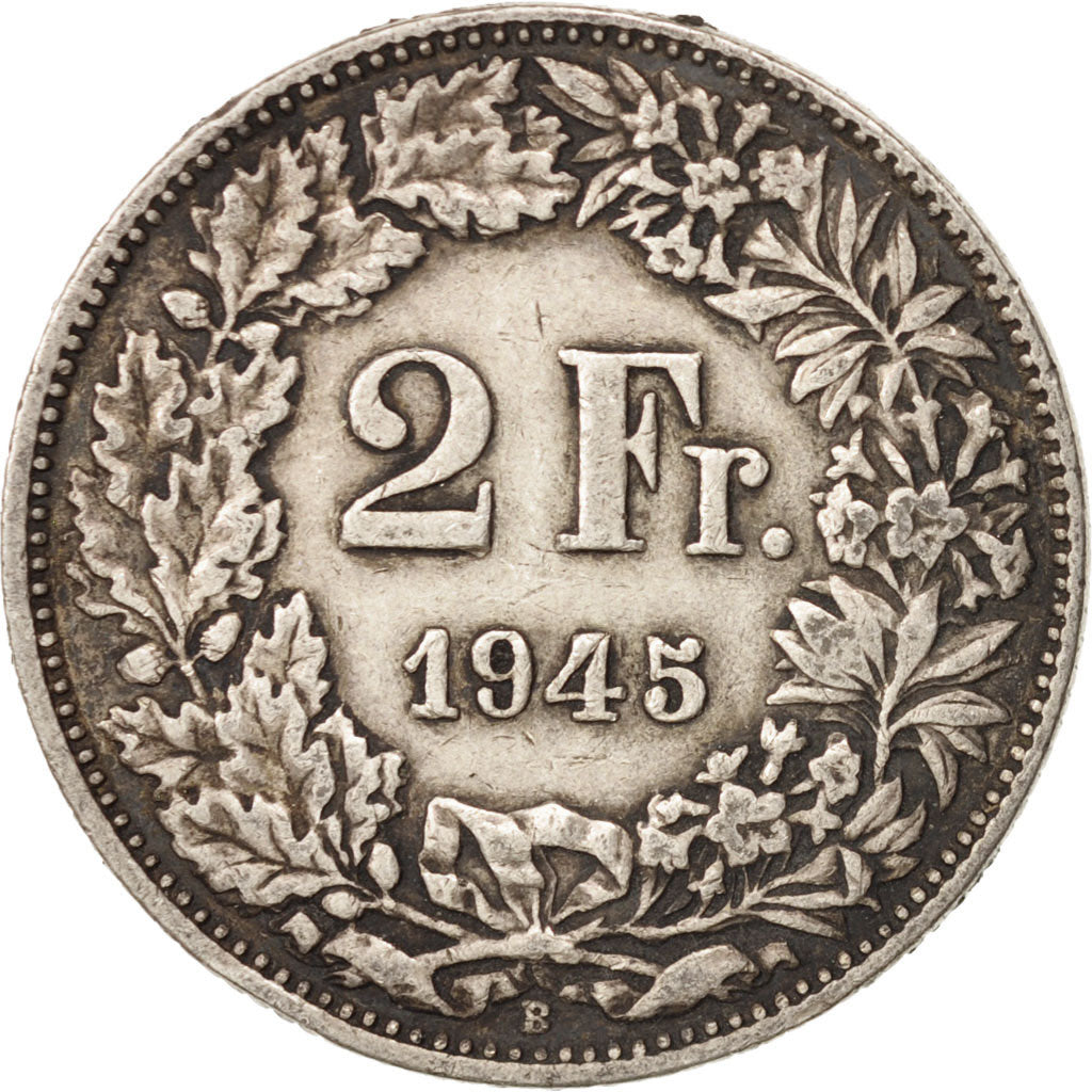 Switzerland, 2 Francs, 1945, Bern, VF(20-25), Silver, KM:21