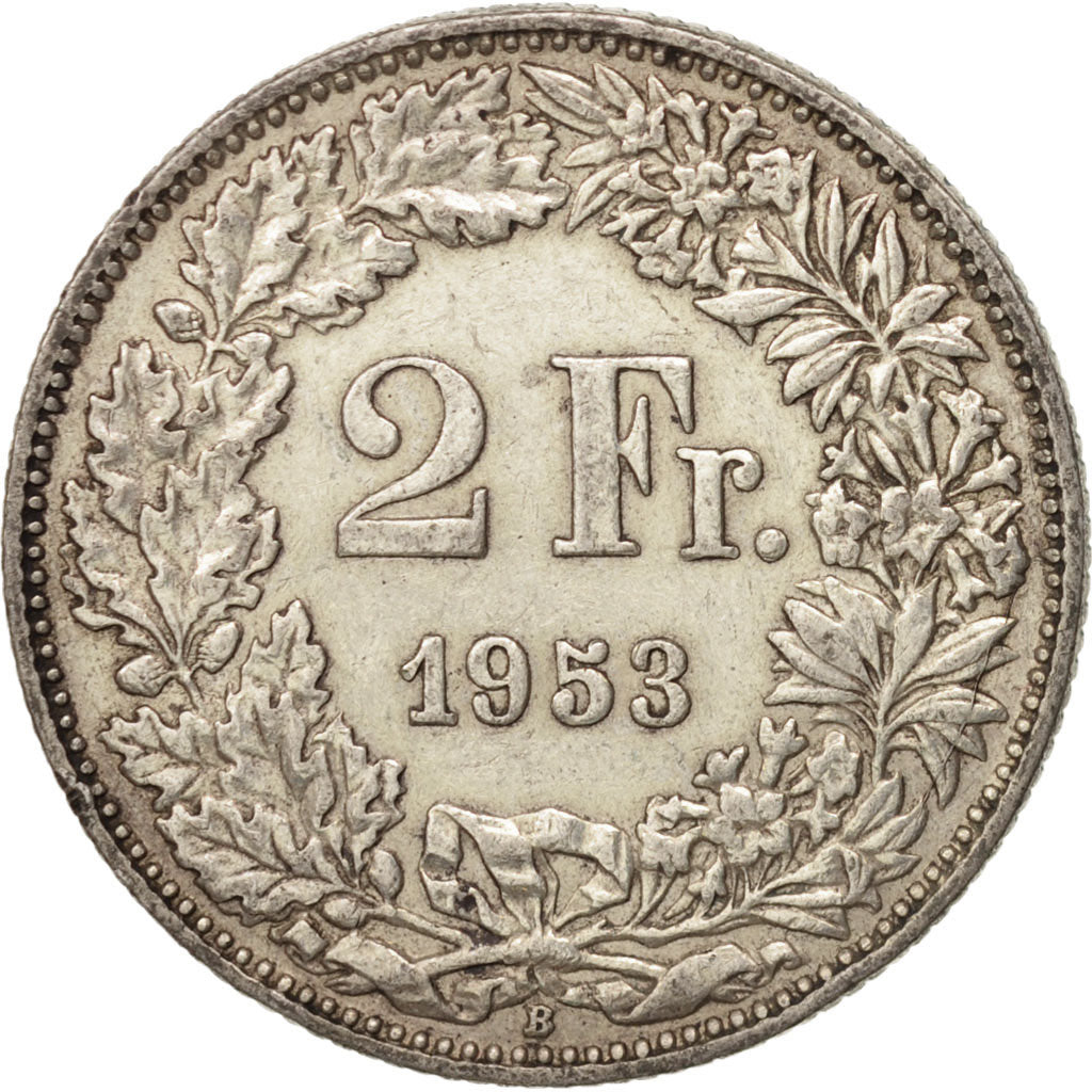 Coin, Switzerland, 2 Francs, 1953, Bern, EF(40-45), Silver, KM:21