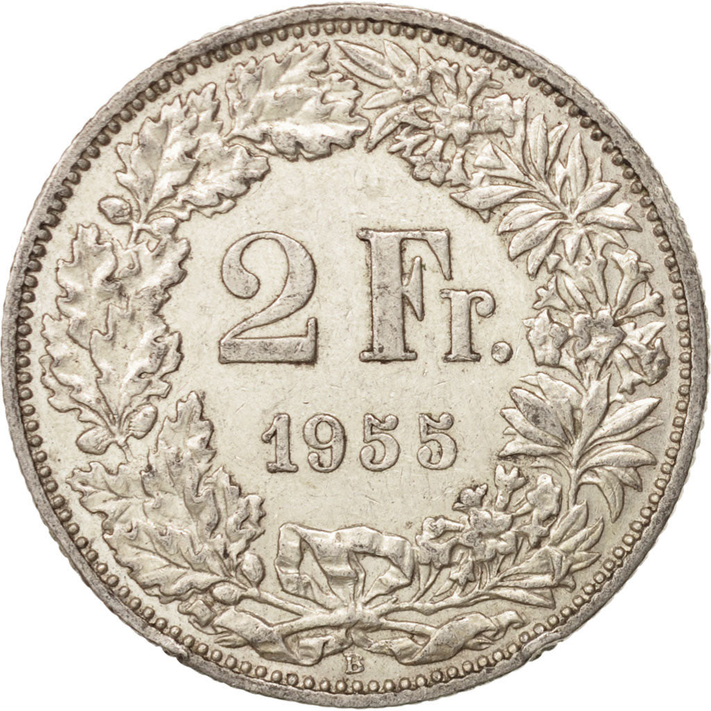 Switzerland, 2 Francs, 1955, Bern, AU(50-53), Silver, KM:21