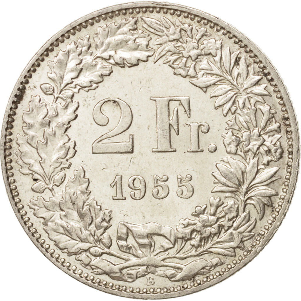 Coin, Switzerland, 2 Francs, 1955, Bern, MS(63), Silver, KM:21