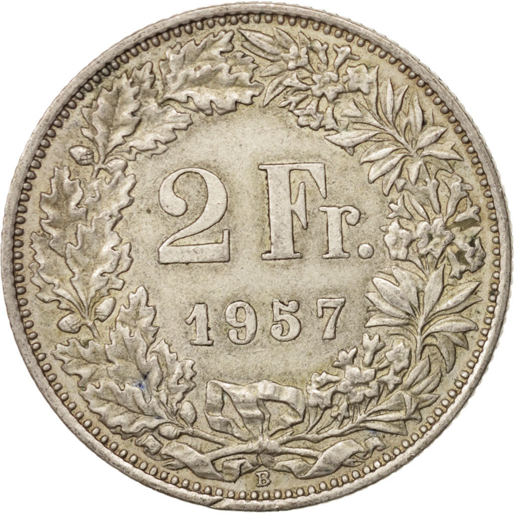 Coin, Switzerland, 2 Francs, 1957, Bern, AU(50-53), Silver, KM:21
