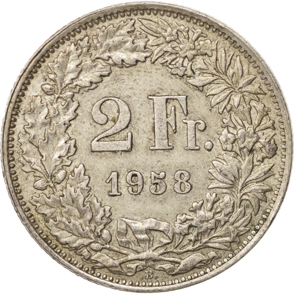Switzerland, 2 Francs, 1958, Bern, AU(55-58), Silver, KM:21