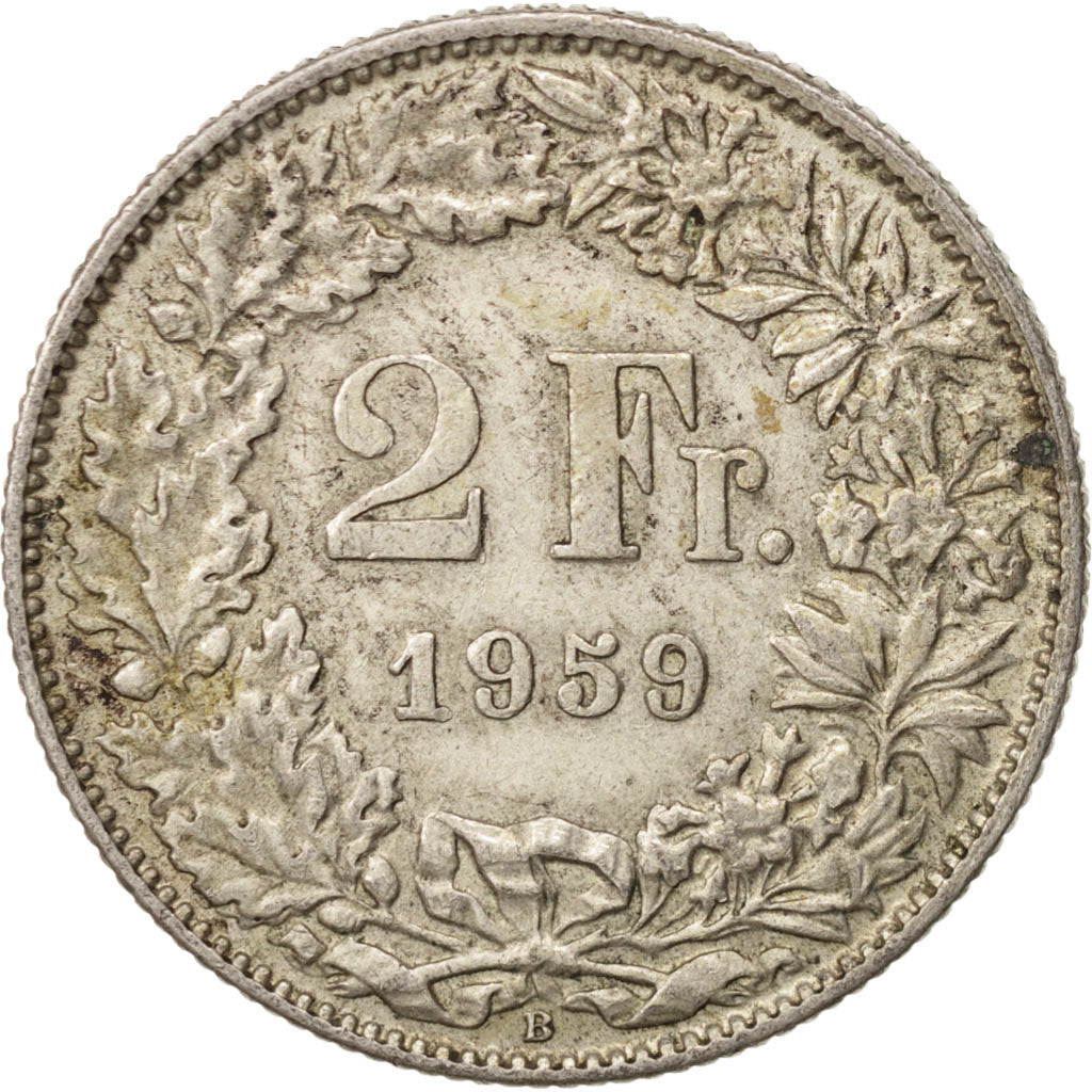 Coin, Switzerland, 2 Francs, 1959, Bern, EF(40-45), Silver, KM:21