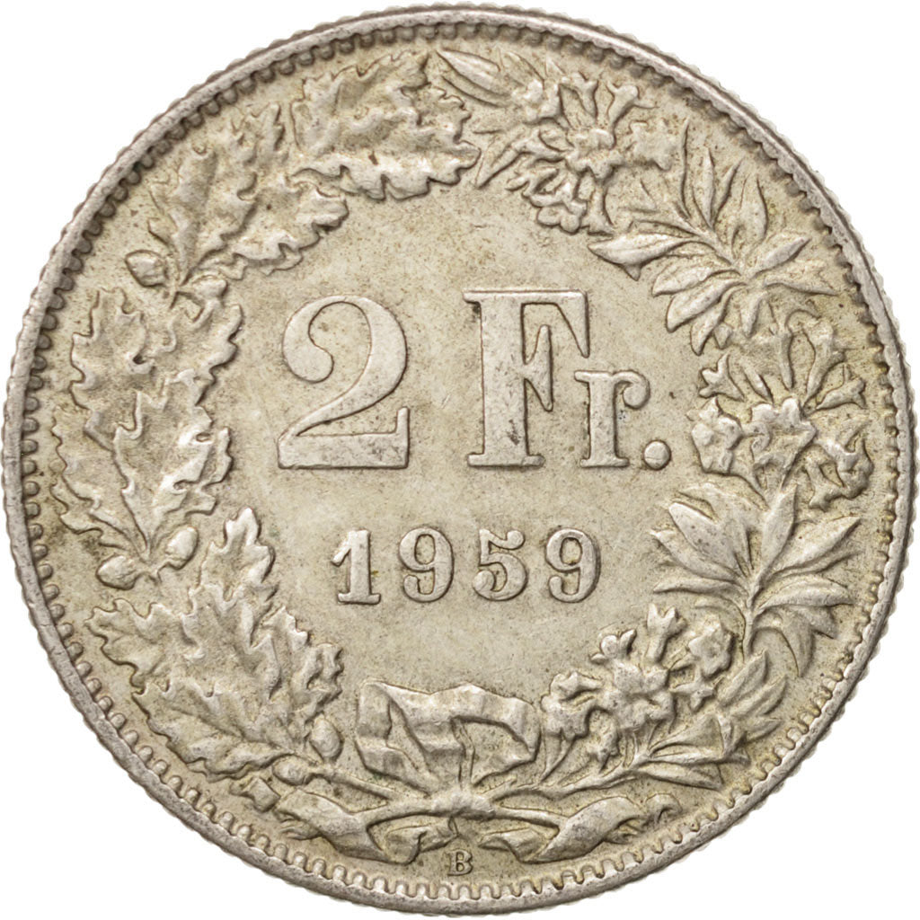 Switzerland, 2 Francs, 1959, Bern, AU(50-53), Silver, KM:21