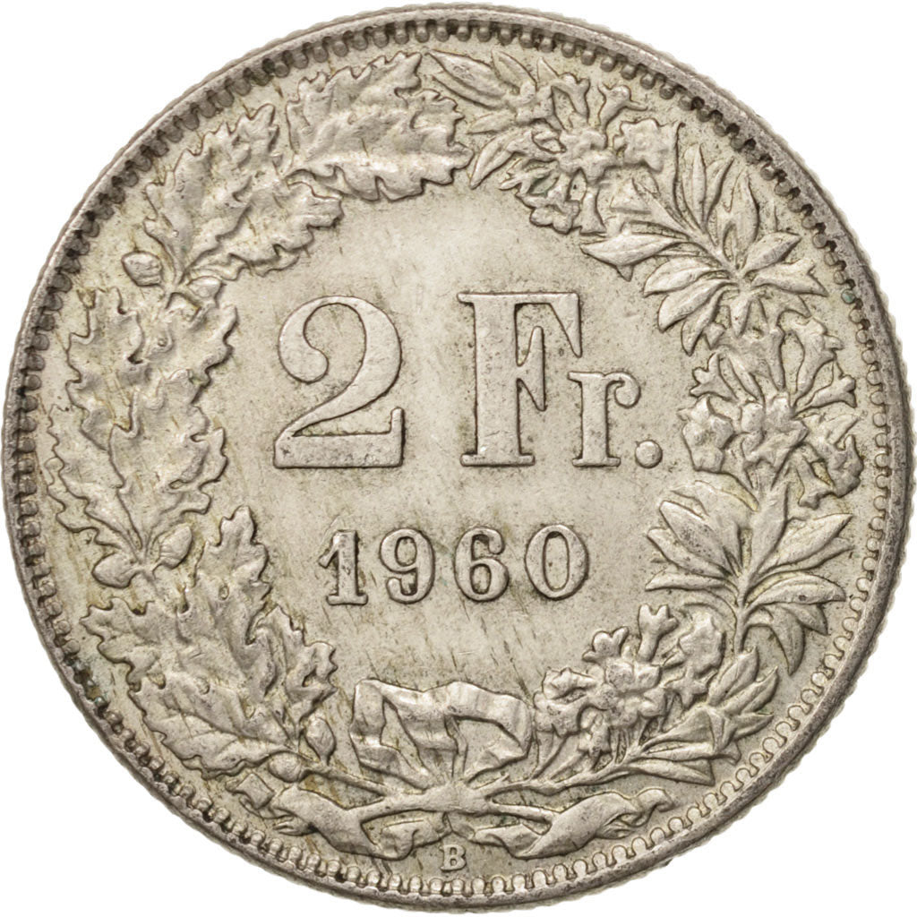 Coin, Switzerland, 2 Francs, 1960, Bern, AU(50-53), Silver, KM:21