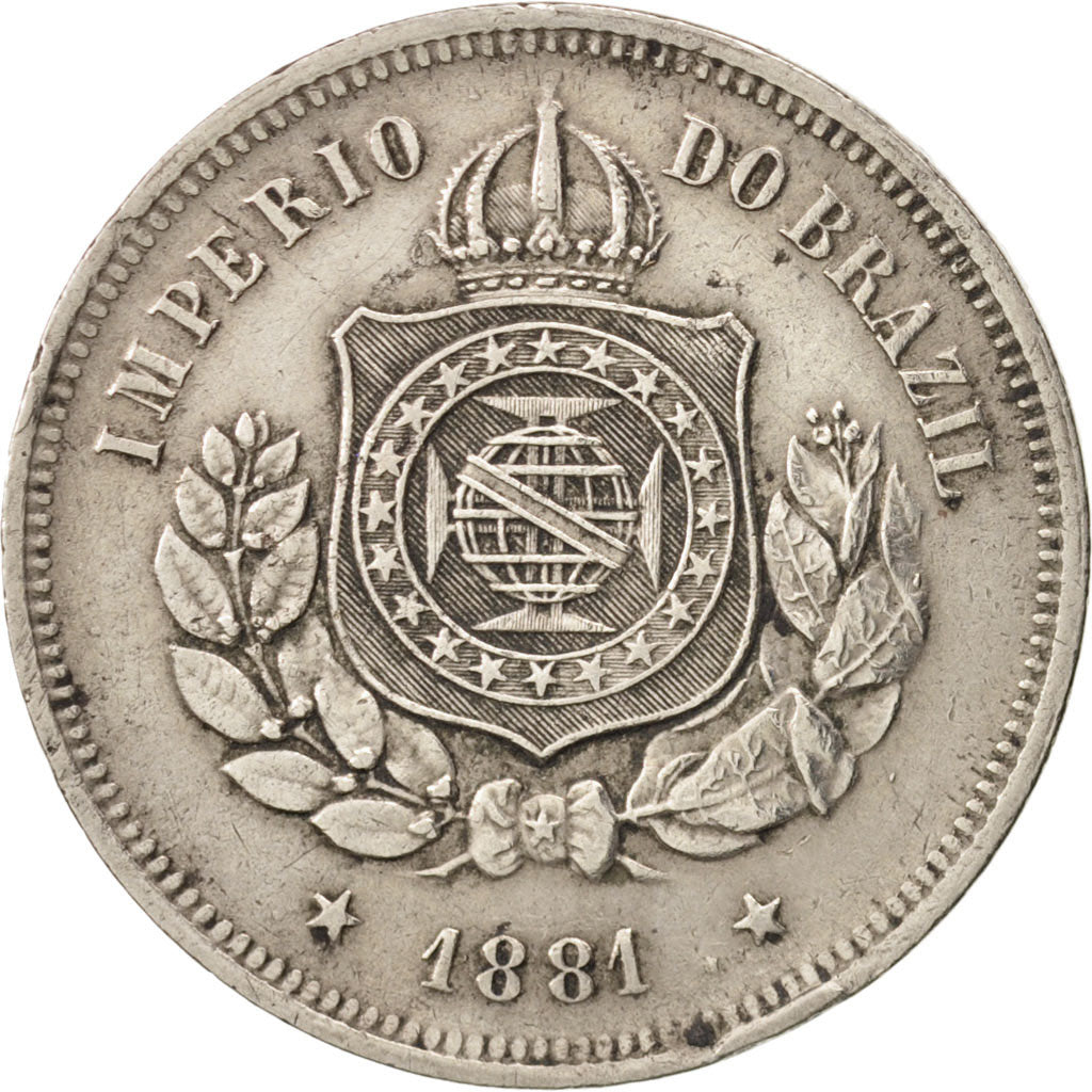 Brazil, Pedro II, 100 Reis, 1881, Rio de Janeiro, AU(50-53), Copper-nickel