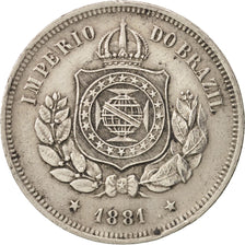 Brazil, Pedro II, 100 Reis, 1881, Rio de Janeiro, AU(50-53), Copper-nickel
