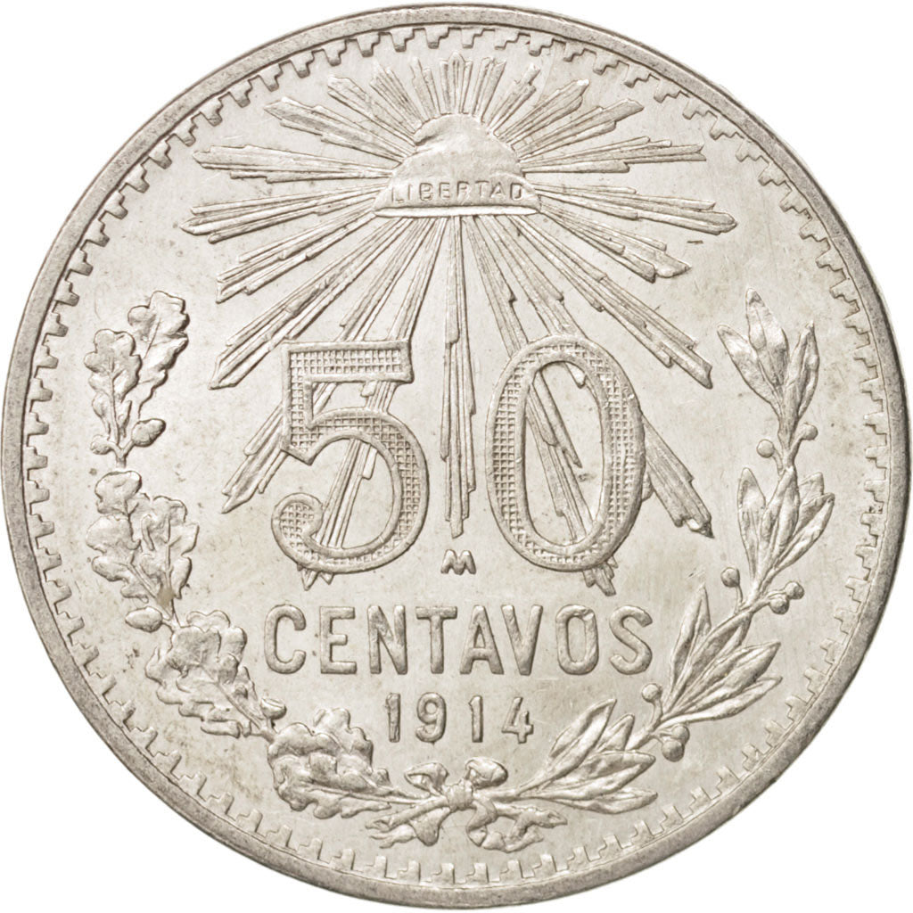 Mexico, 50 Centavos, 1914, Mexico City, AU(55-58), Silver, KM:445