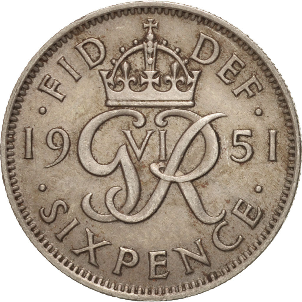 Coin, Great Britain, George VI, 6 Pence, 1951, AU(50-53), Copper-nickel, KM:875