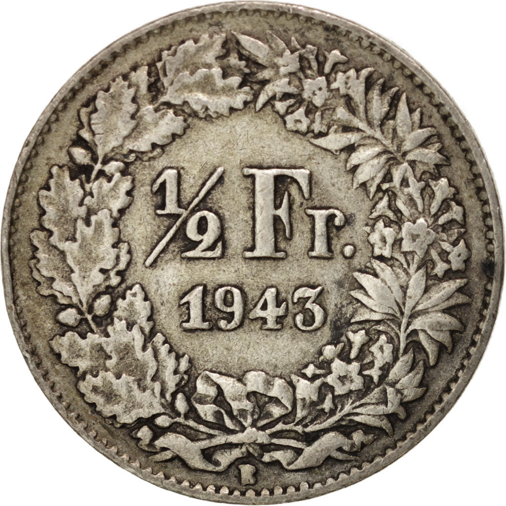 Coin, Switzerland, 1/2 Franc, 1943, Bern, EF(40-45), Silver, KM:23