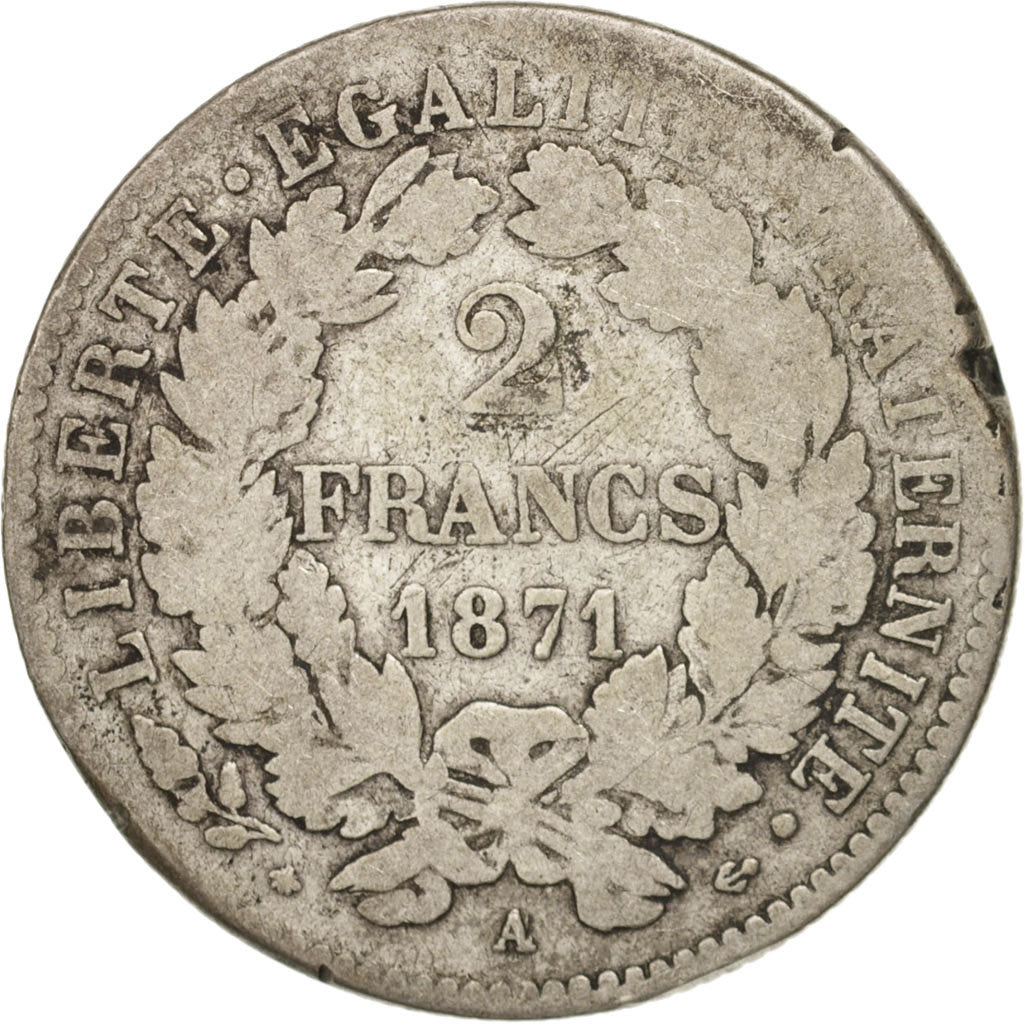 France, Cérès, 2 Francs, 1871, Paris, VF(20-25), Silver, KM:817.1, Gadoury:530