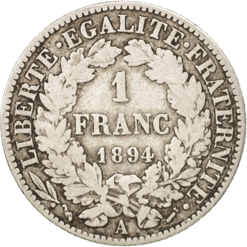 France, Cérès, Franc, 1894, Paris, VF(30-35), Silver, KM:822.1, Gadoury:465a