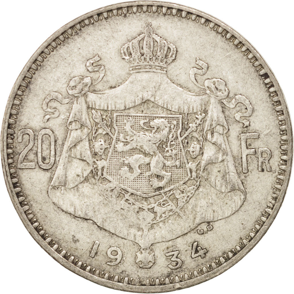 Coin, Belgium, 20 Francs, 20 Frank, 1934, EF(40-45), Silver, KM:103.1