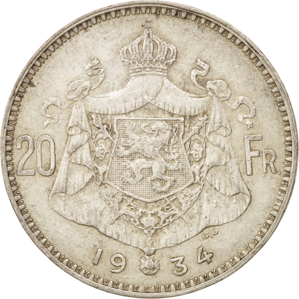 Coin, Belgium, 20 Francs, 20 Frank, 1934, AU(50-53), Silver, KM:104.1