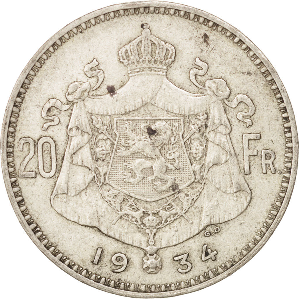 Belgium, 20 Francs, 20 Frank, 1934, AU(50-53), Silver, KM:104.1