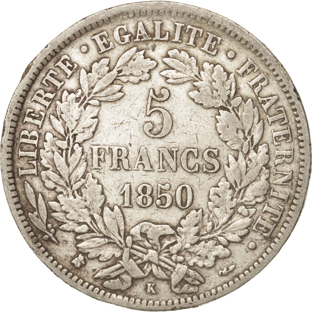 France, Cérès, 5 Francs, 1850, Bordeaux, TTB, Argent, KM:761.3, Gadoury:719