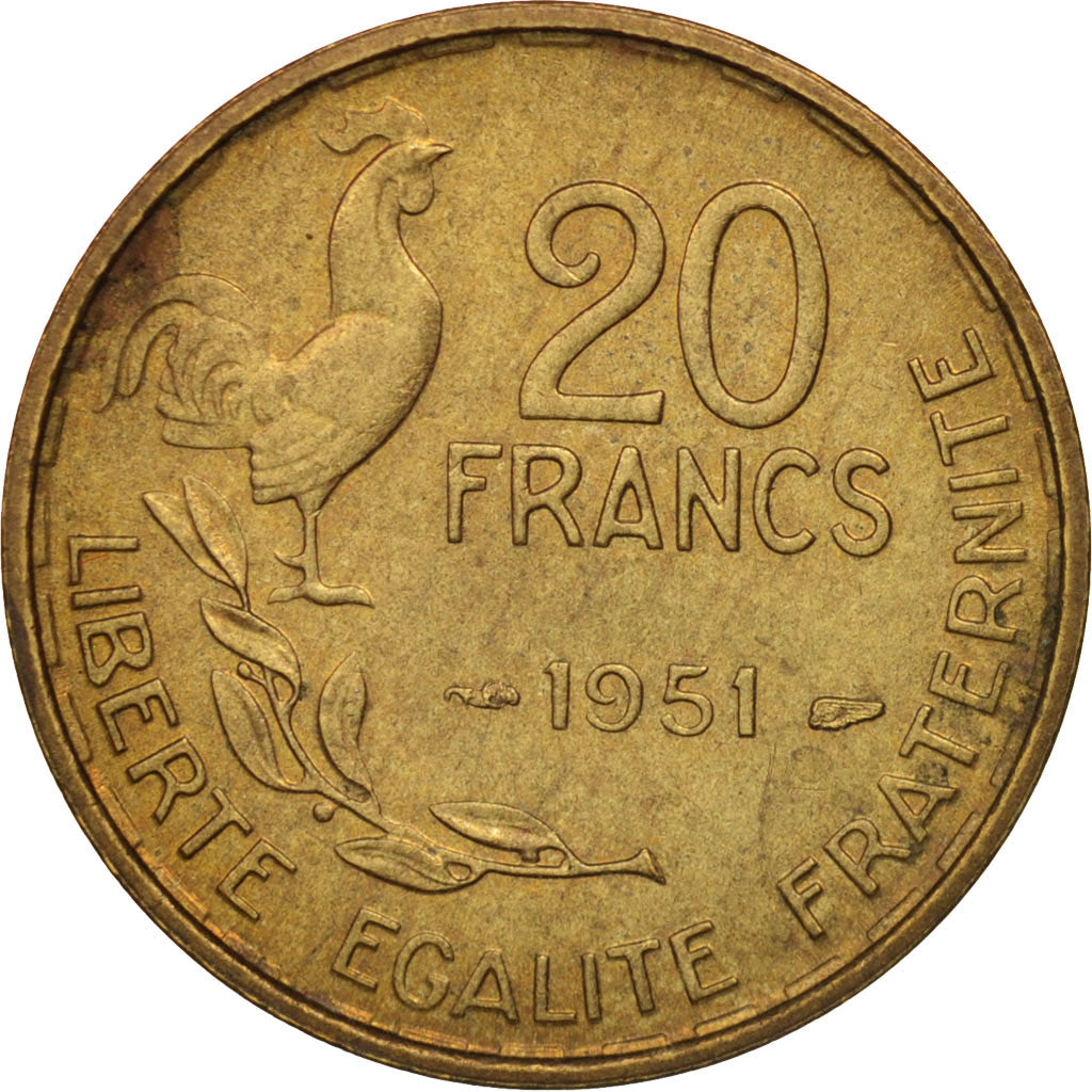 Munten, Frankrijk, Guiraud, 20 Francs, 1951, Paris, ZF+, Aluminum-Bronze