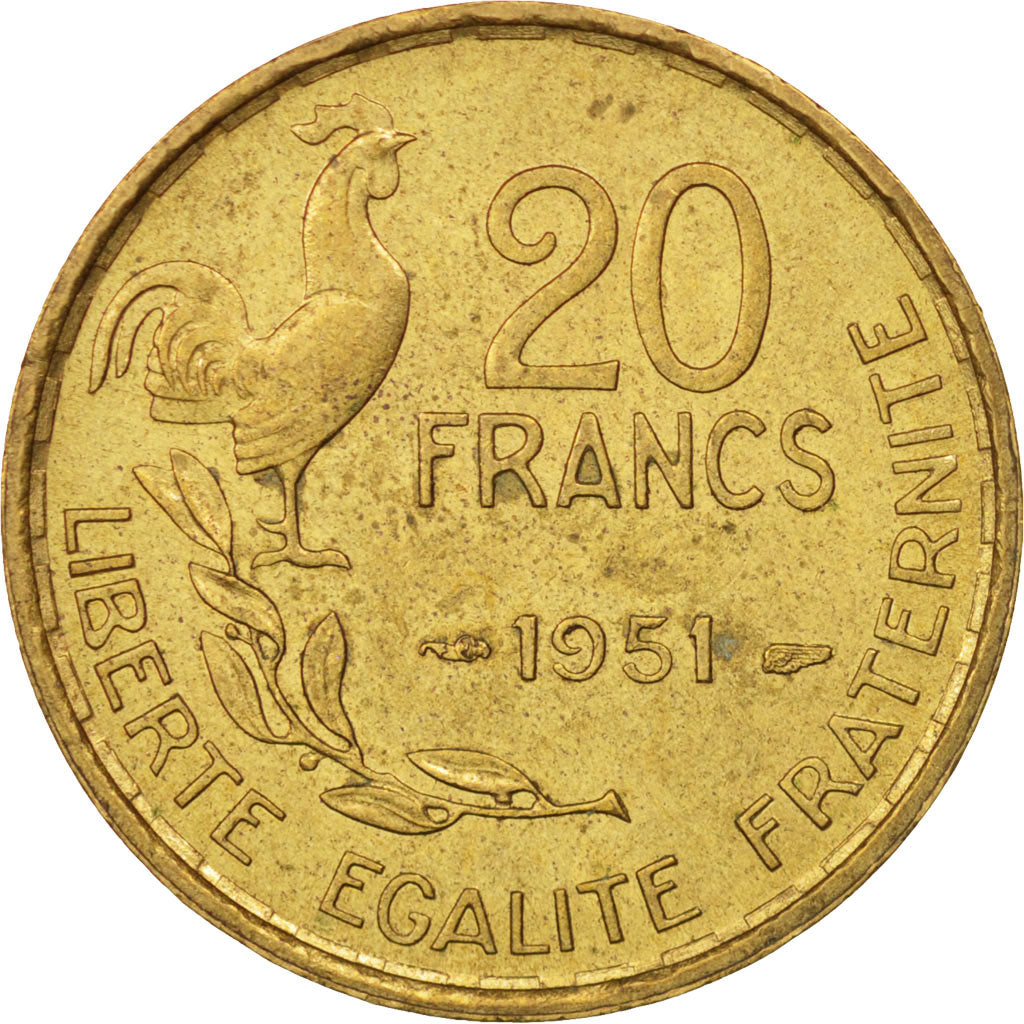 Moneda, Francia, Guiraud, 20 Francs, 1951, Paris, MBC+, Aluminio - bronce