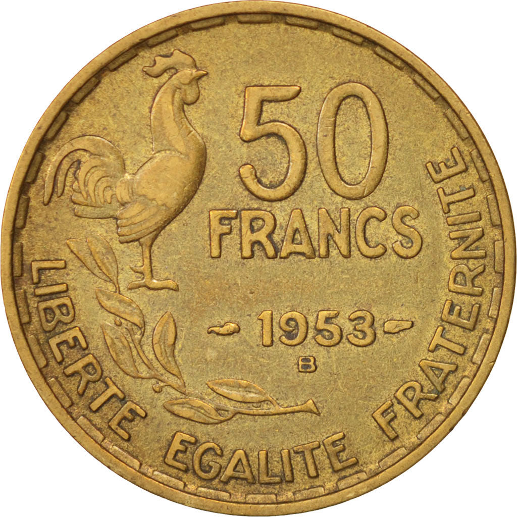 Moneda, Francia, Guiraud, 50 Francs, 1953, Beaumont-le-Roger, MBC+, Aluminio -