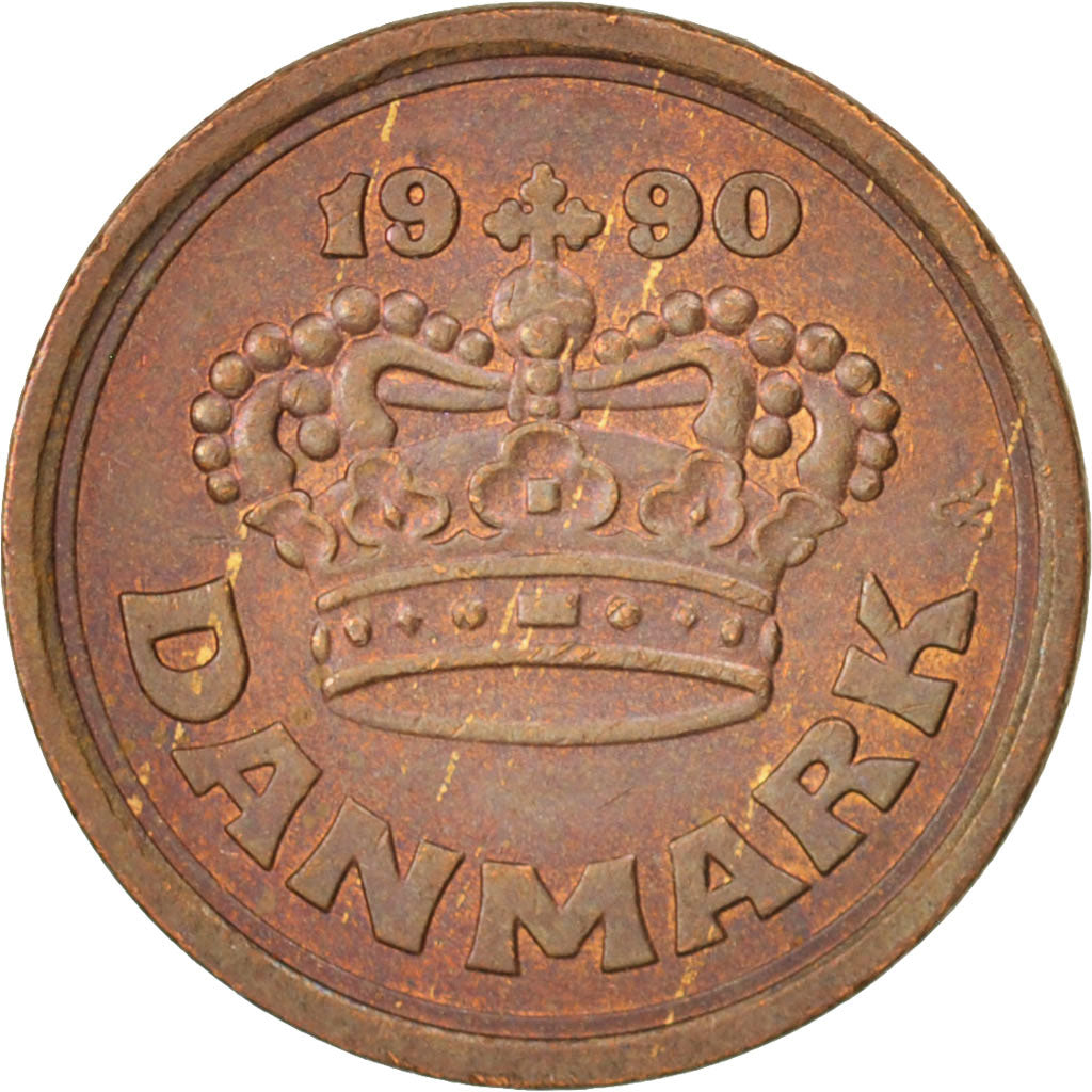 Coin, Denmark, Margrethe II, 25 Öre, 1990, MS(60-62), Bronze, KM:868.1