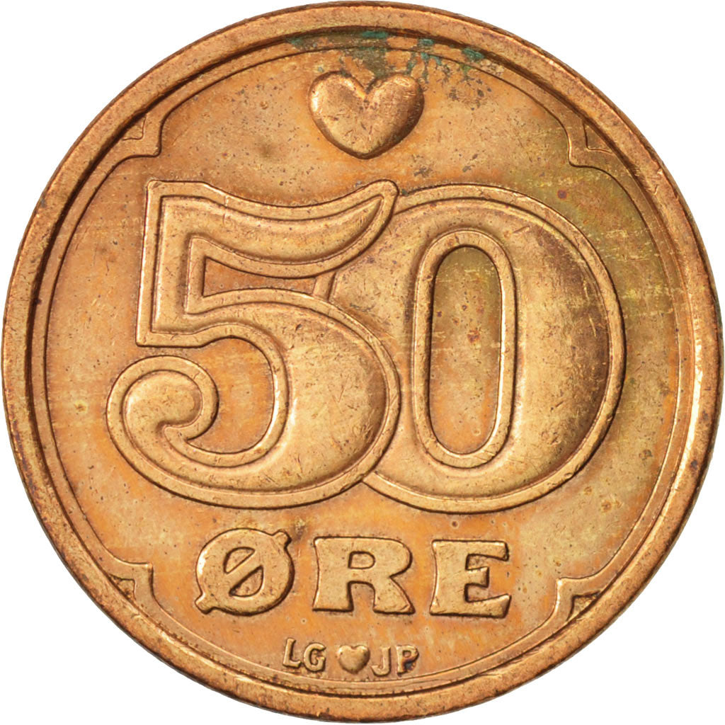 Coin, Denmark, Margrethe II, 50 Öre, 1990, Brondby, AU(55-58), Bronze, KM:866.2