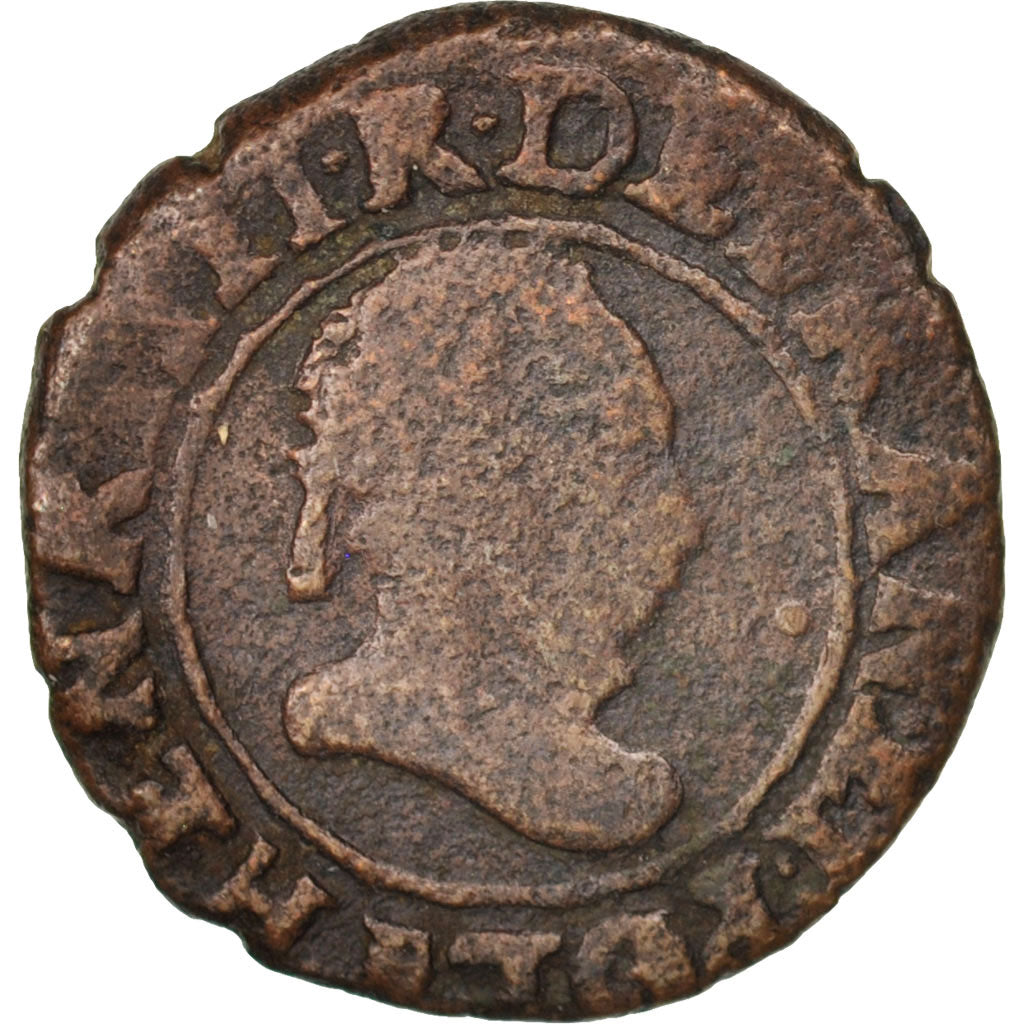 Frankreich, Double Tournois, 1589, Rouen, VF(20-25), Cuivre, Sombart:4092