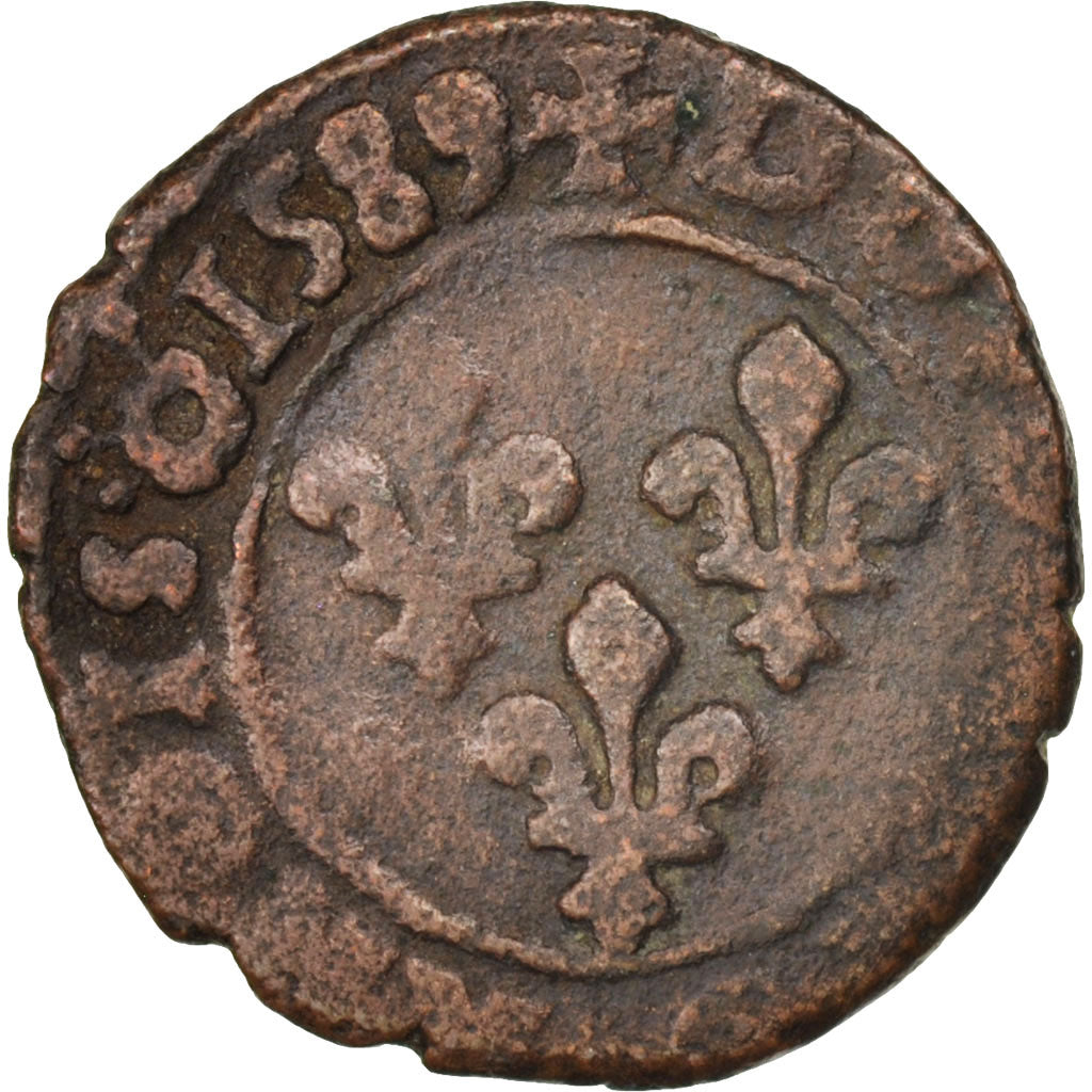 Frankreich, Double Tournois, 1589, Rouen, VF(20-25), Cuivre, Sombart:4092