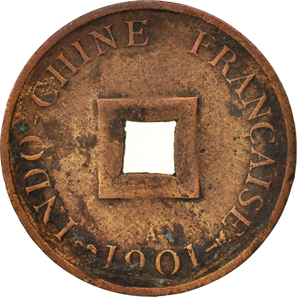 FRENCH INDO-CHINA, 2 Sapeque, 1901, Paris, VF(30-35), Bronze, KM:6, Lecompte:18