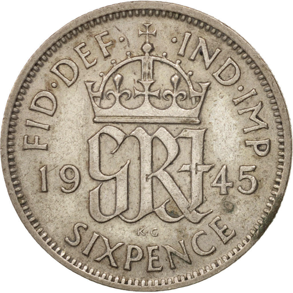 Coin, Great Britain, George VI, 6 Pence, 1945, AU(50-53), Silver, KM:852