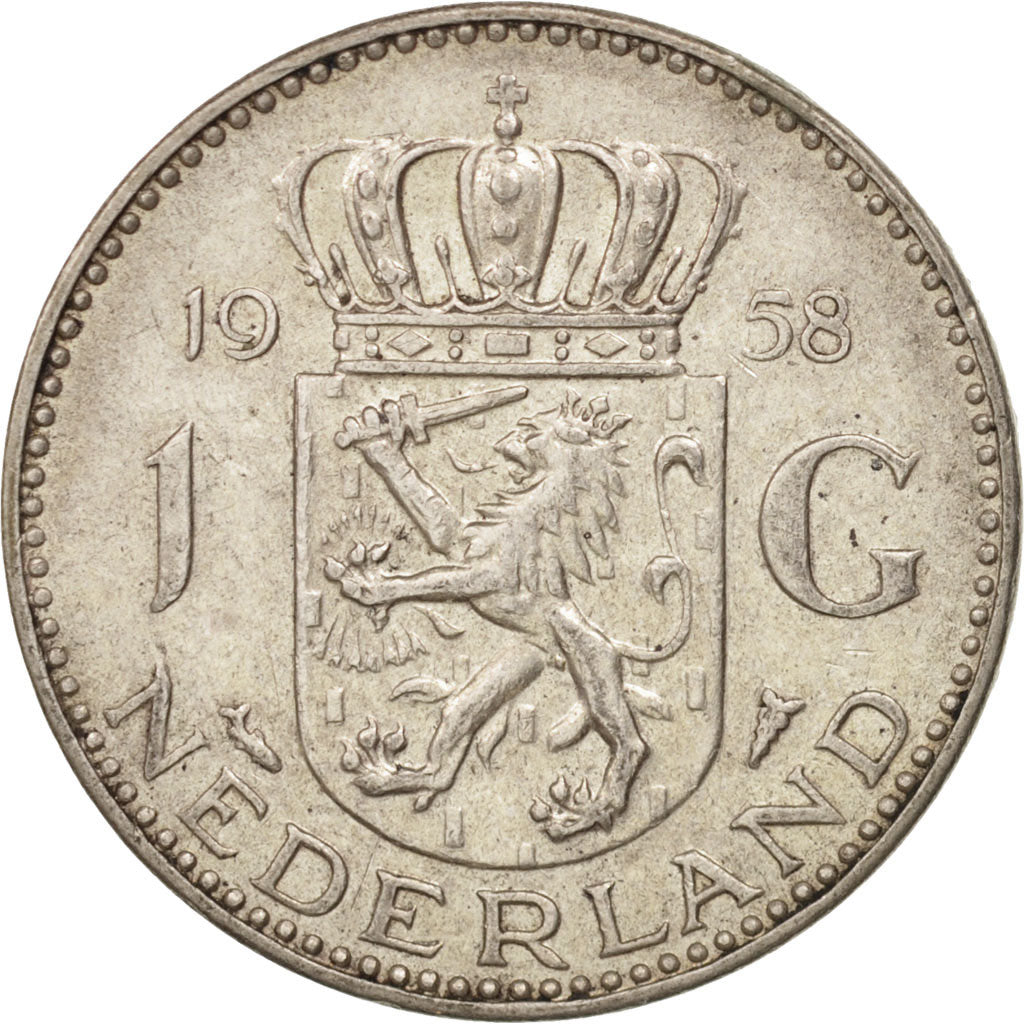 Netherlands, Juliana, Gulden, 1958, AU(55-58), Silver, KM:184