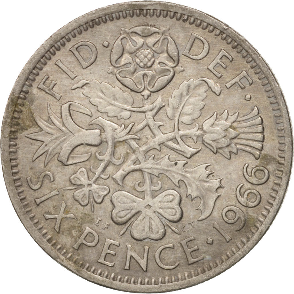 Coin, Great Britain, Elizabeth II, 6 Pence, 1966, AU(50-53), Copper-nickel