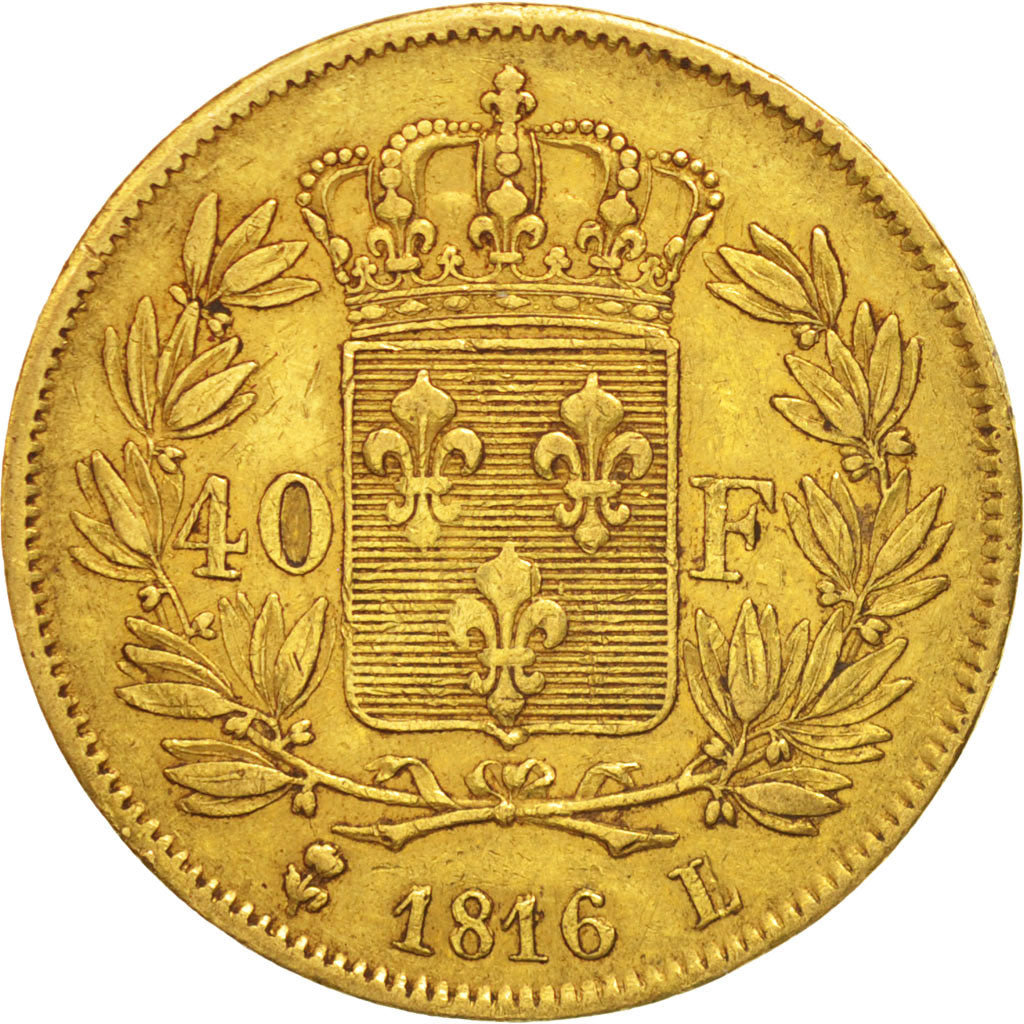 France, Louis XVIII, Louis XVIII, 40 Francs, 1816, Bayonne, EF(40-45), Gold