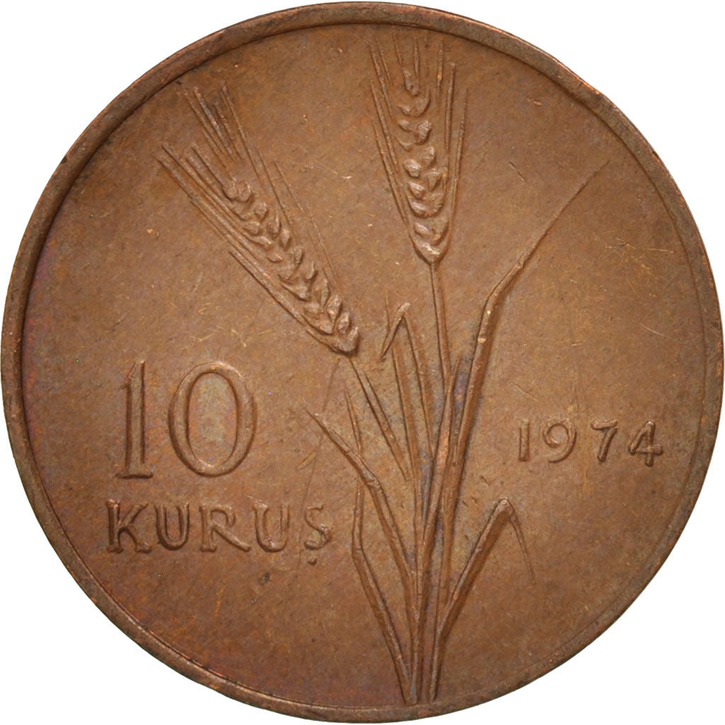 Turkey, 10 Kurus, 1974, AU(55-58), Bronze, KM:898.2