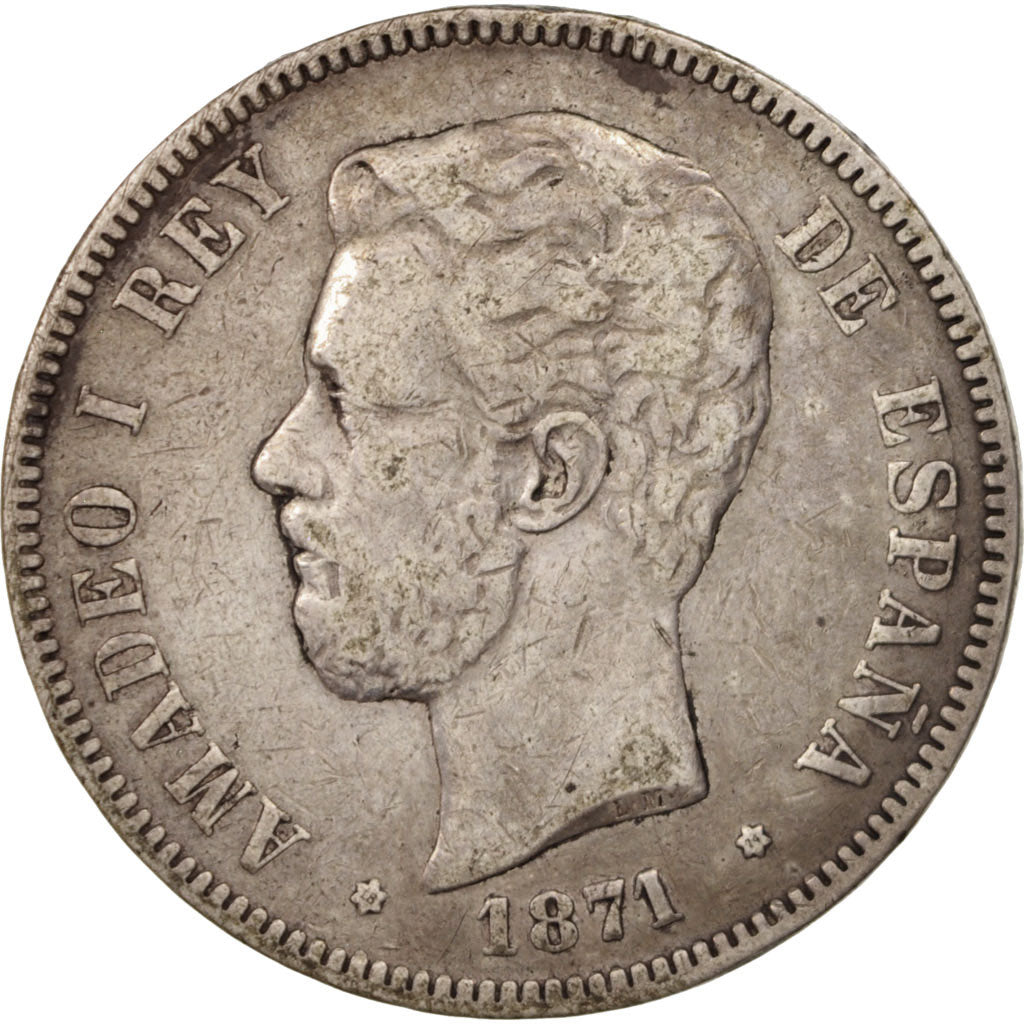 Coin, Spain, Amadeao I, 5 Pesetas, 1871, Madrid, VF(30-35), Silver, KM:666