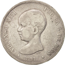 Spain, Alfonso XIII, 5 Pesetas, 1891, VF(30-35), Silver, KM:689