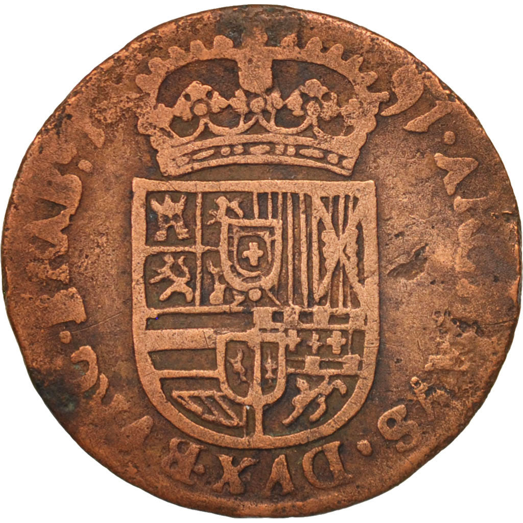 Spanish Netherlands, BRABANT, Liard, 12 Mites, 1691, Brabant, VF(30-35), Copper