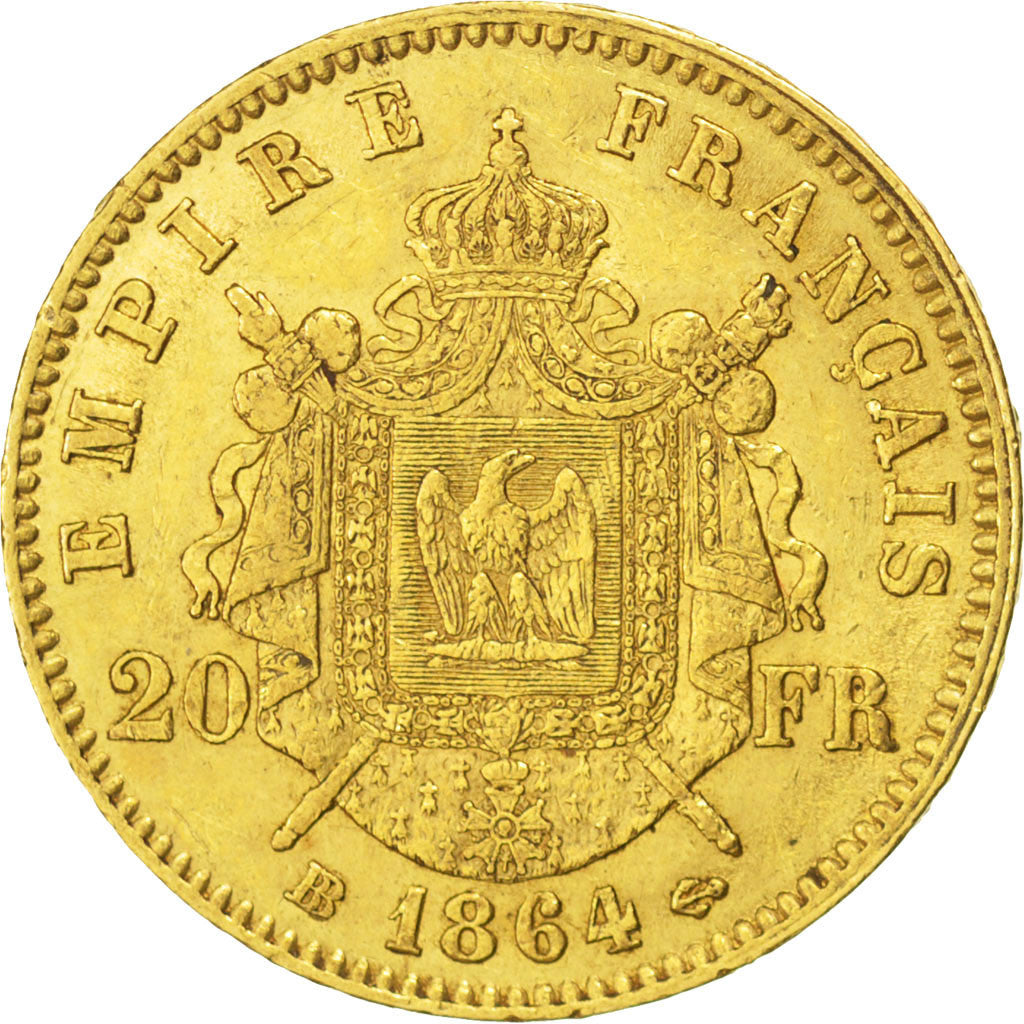 Second Empire, 20 francs or Napoléon III tête laurée 1864 Grand BB, KM 801.2