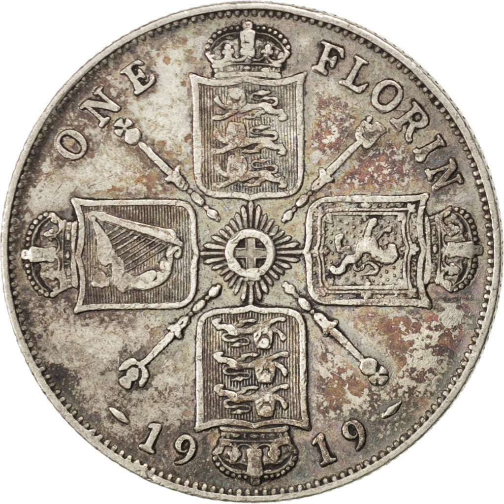 GREAT BRITAIN, Florin, Two Shillings, 1919, KM #817, VF(30-35), Silver, 28.3,...