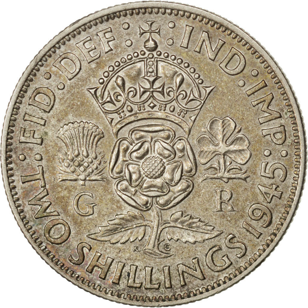 GREAT BRITAIN, Florin, Two Shillings, 1945, KM #855, AU(50-53), Silver, 28.3,...