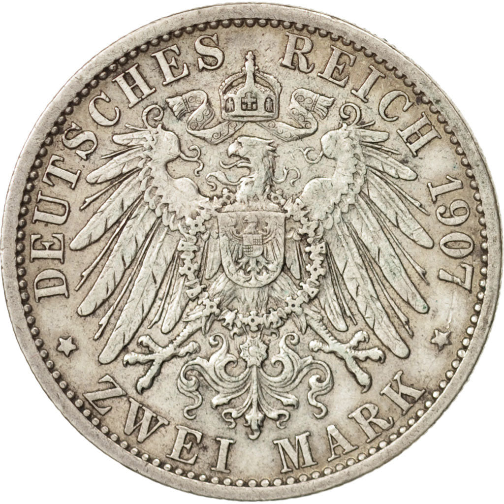 German States, PRUSSIA, Wilhelm II, 2 Mark, 1907, Berlin, EF(40-45), Silver