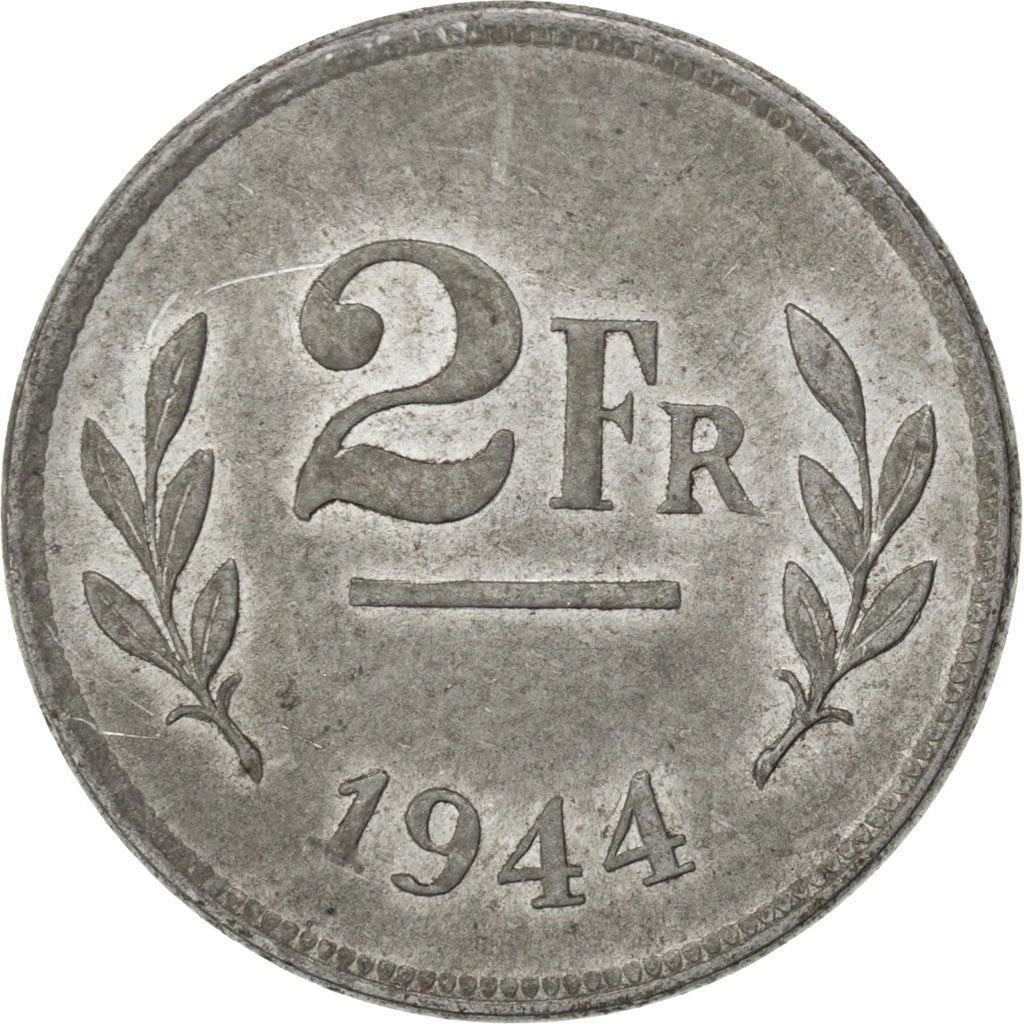 BELGIUM, 2 Francs, 2 Frank, 1944, KM #133, AU(55-58), Zinc Coated Steel, 19,...