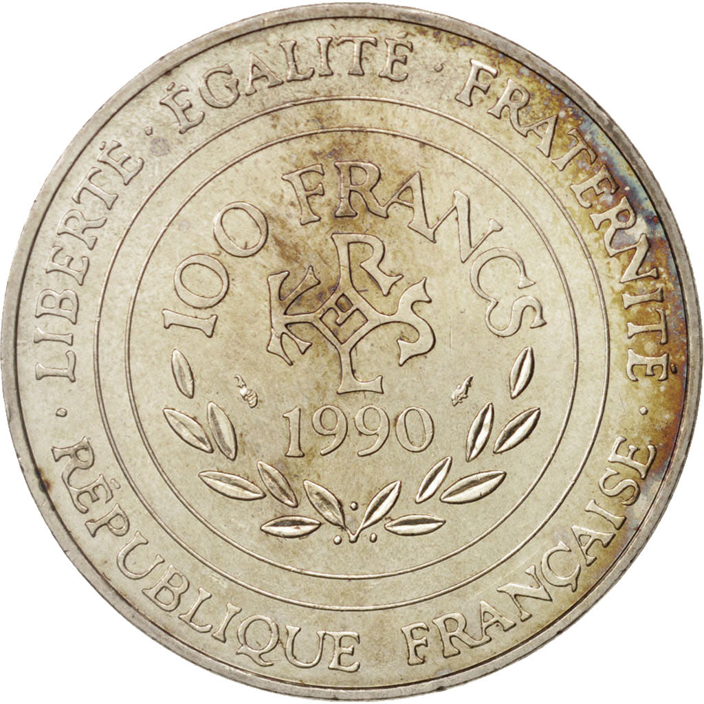 Coin, France, Charlemagne, 100 Francs, 1990, AU(55-58), Silver, KM:982
