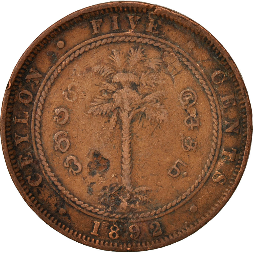 Coin, Ceylon, Victoria, 5 Cents, 1892, F(12-15), Copper, KM:93