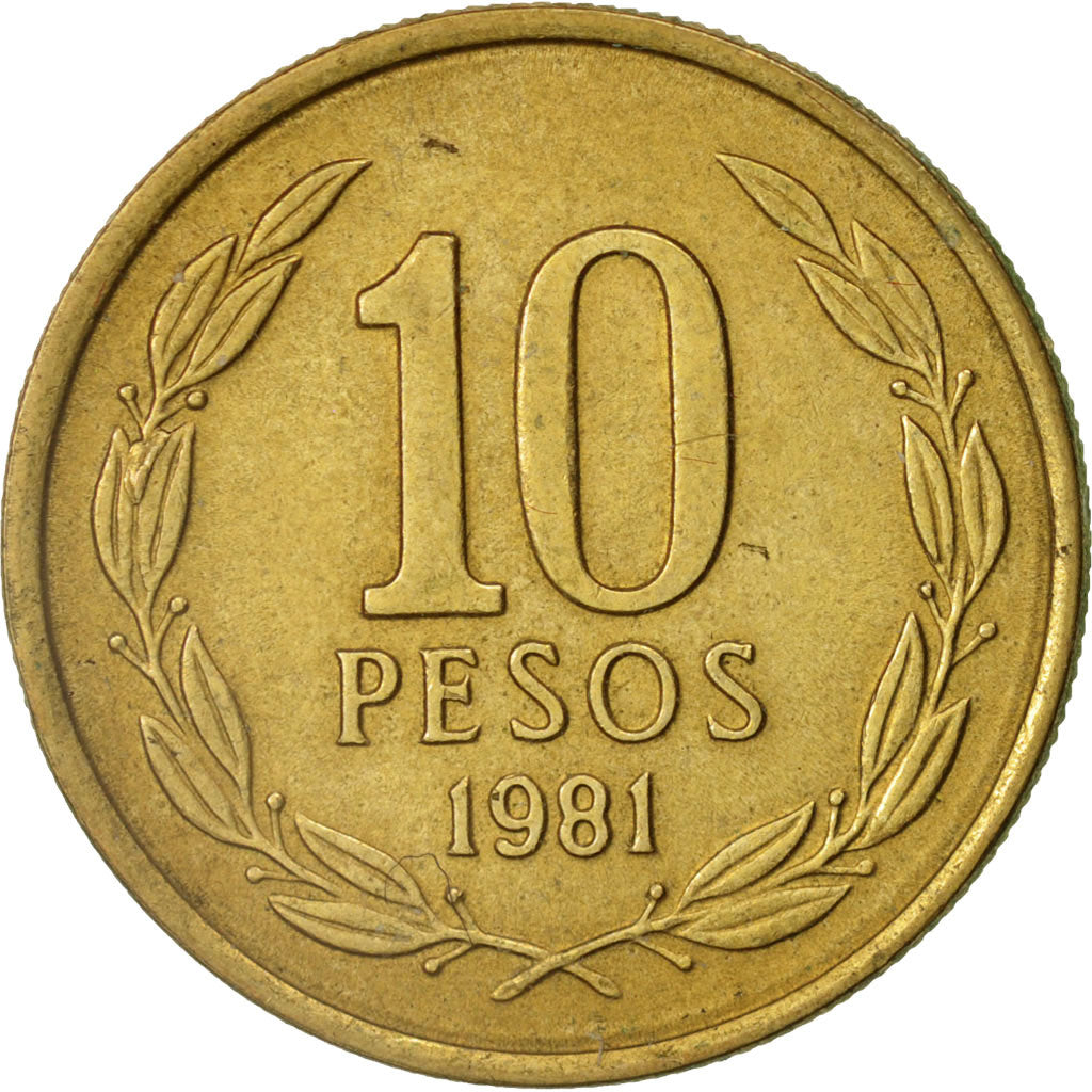 Coin, Chile, 10 Pesos, 1981, Santiago, AU(50-53), Aluminum-Bronze, KM:218.1