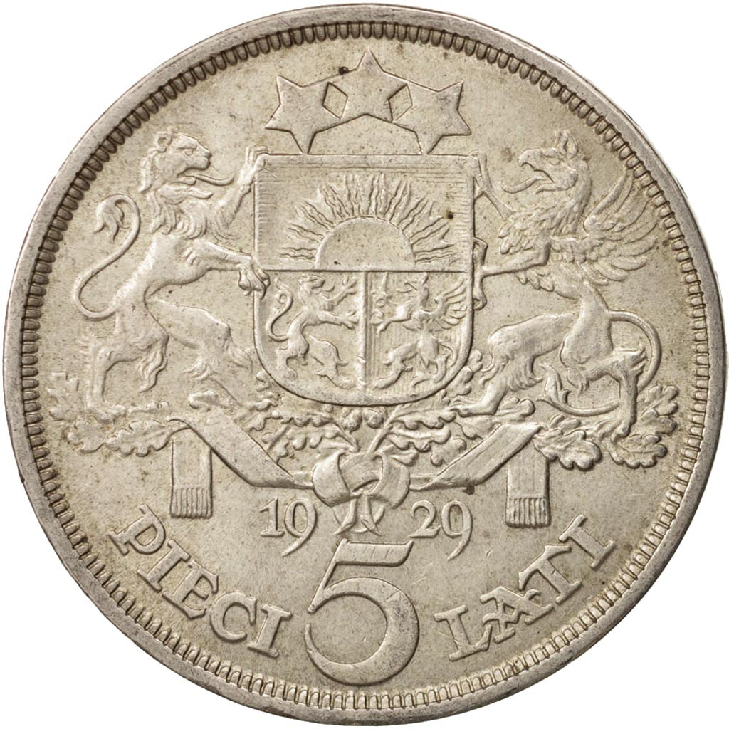 Latvia, 5 Lati, 1929, AU(55-58), Silver, KM:9