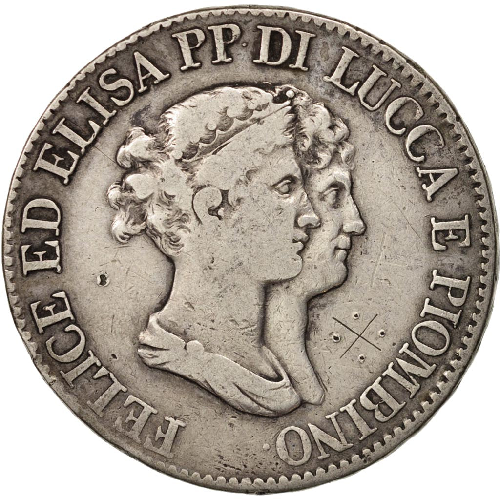 Monnaie, États italiens, LUCCA, Felix and Elisa, 5 Franchi, 1807, Firenze, TB+