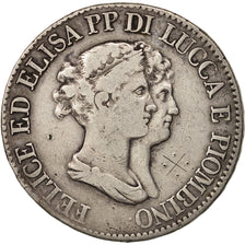 Monnaie, États italiens, LUCCA, Felix and Elisa, 5 Franchi, 1807, Firenze, TB+