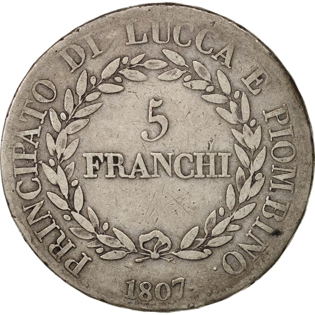 Monnaie, États italiens, LUCCA, Felix and Elisa, 5 Franchi, 1807, Firenze, TB+