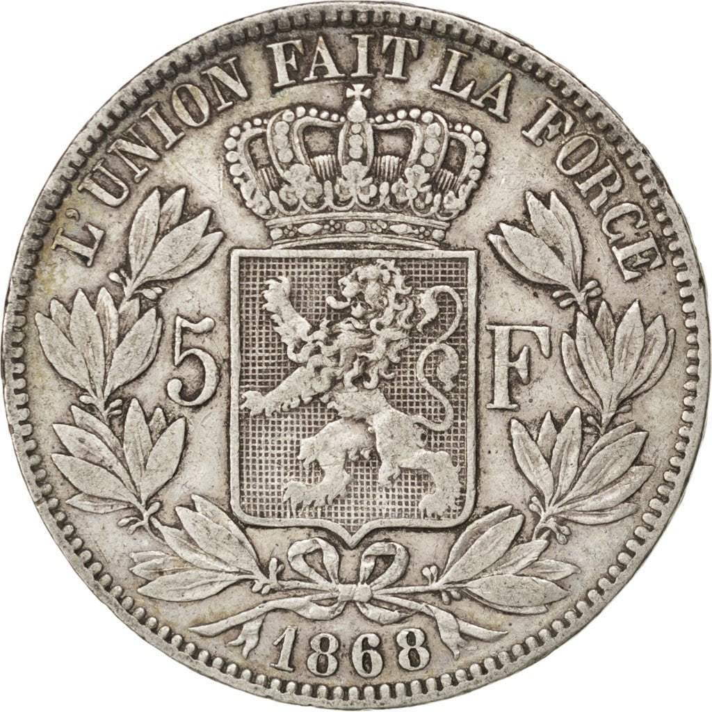BELGIUM, 5 Francs, 5 Frank, 1868, Brussels, KM #24, VF(20-25), Silver, 24.81